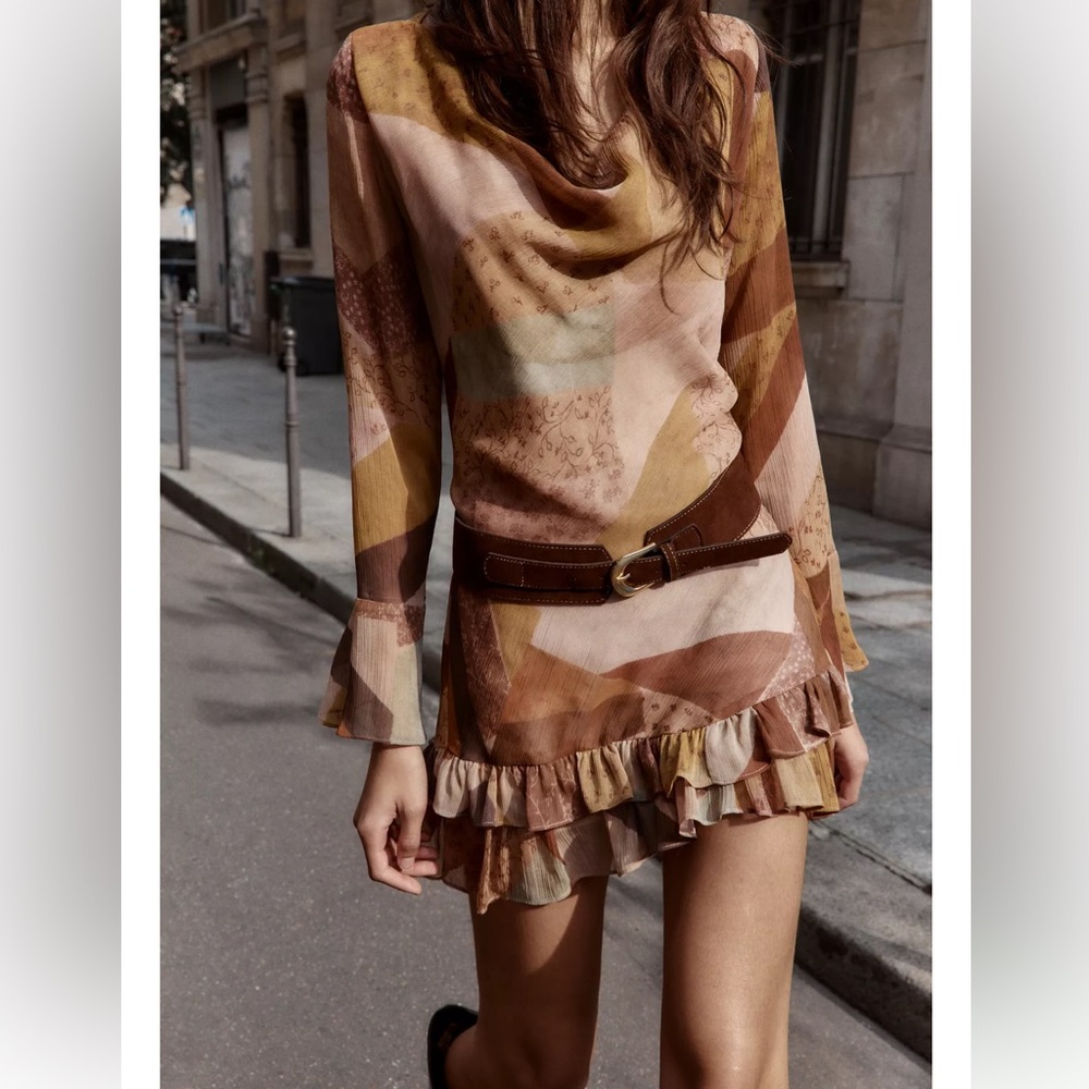 Patchwork Print Belted Mini Dress, Multicolor, Za… - image 4